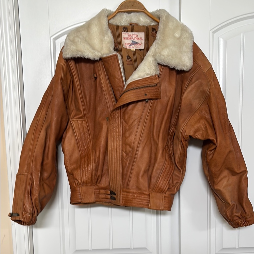 Brown Leather Jacket with Shearling Collar vintage Gatto International